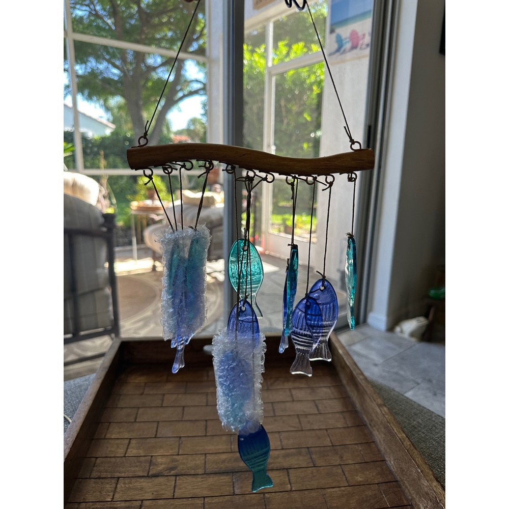 Artisan Glass Fish Wind Chime Coastal Blue Teal Hanging Mobile Driftwood Style